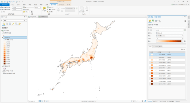 日本の市区町村の人口密度（自然分類 12分類）