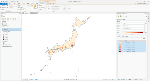 日本の市区町村の人口密度（自然分類 5分類）