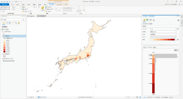 日本の市区町村の人口密度（手動間隔 7分類）