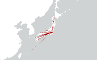 東京から各県庁所在地への測地線